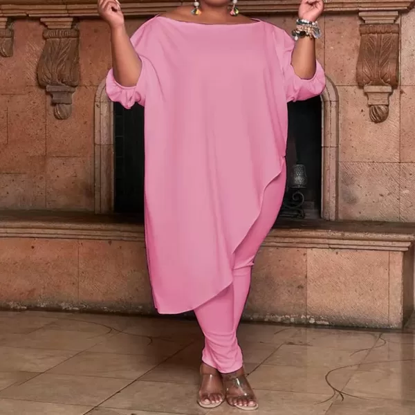 IyMoo Womens Causal Plus Size 2 Piece Outfits Jumpsuits Slant Shoulder Asymmetrica Tops Pant Set Sexy Club RomperPink