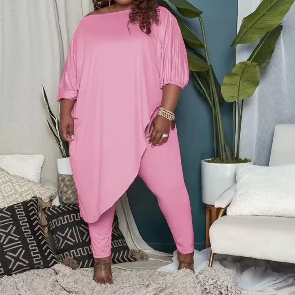 IyMoo Womens Causal Plus Size 2 Piece Outfits Jumpsuits Slant Shoulder Asymmetrica Tops Pant Set Sexy Club RomperPink