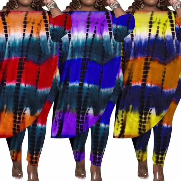 IyMoo Womens Causal Plus Size 2 Piece Outfits Jumpsuits Slant Shoulder Asymmetrica Tops Pant Set Sexy Club RomperTie Dye Orange