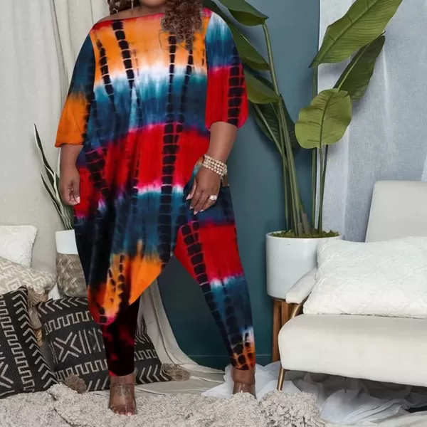 IyMoo Womens Causal Plus Size 2 Piece Outfits Jumpsuits Slant Shoulder Asymmetrica Tops Pant Set Sexy Club RomperTie Dye Orange