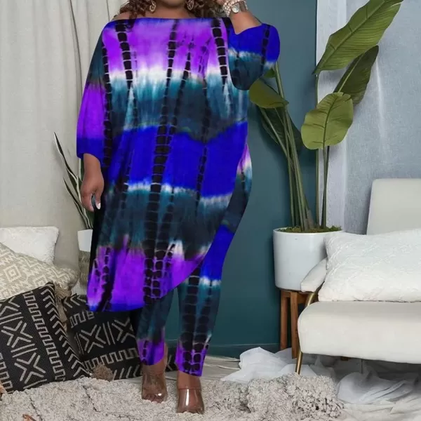 IyMoo Womens Causal Plus Size 2 Piece Outfits Jumpsuits Slant Shoulder Asymmetrica Tops Pant Set Sexy Club RomperTie Dye Purple