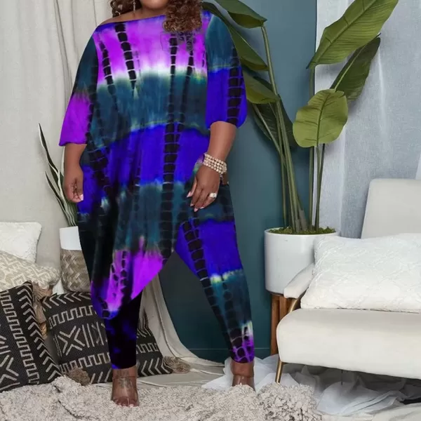 IyMoo Womens Causal Plus Size 2 Piece Outfits Jumpsuits Slant Shoulder Asymmetrica Tops Pant Set Sexy Club RomperTie Dye Purple