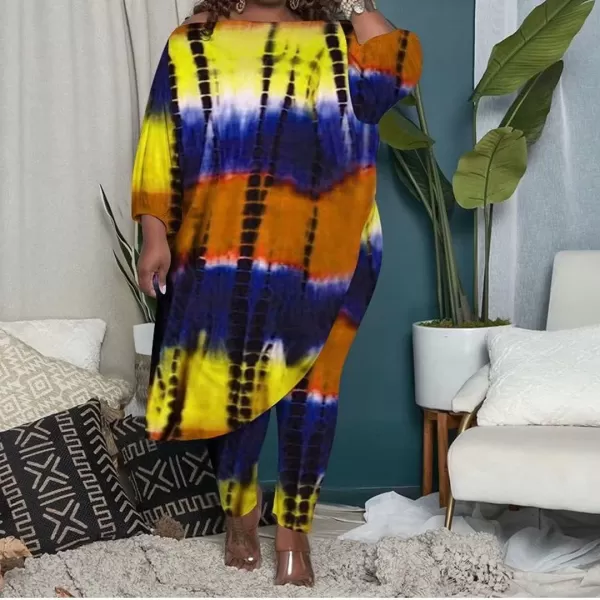 IyMoo Womens Causal Plus Size 2 Piece Outfits Jumpsuits Slant Shoulder Asymmetrica Tops Pant Set Sexy Club RomperTie Dye Yellow