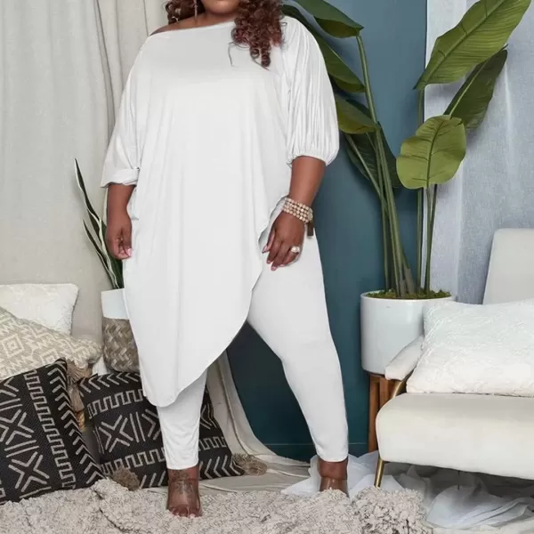 IyMoo Womens Causal Plus Size 2 Piece Outfits Jumpsuits Slant Shoulder Asymmetrica Tops Pant Set Sexy Club RomperWhite