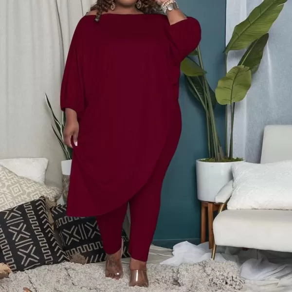 IyMoo Womens Causal Plus Size 2 Piece Outfits Jumpsuits Slant Shoulder Asymmetrica Tops Pant Set Sexy Club RomperWine Red