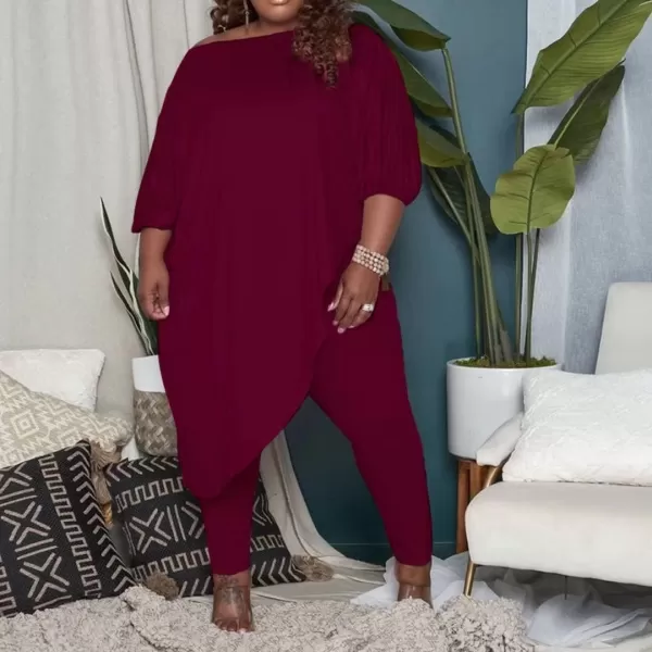 IyMoo Womens Causal Plus Size 2 Piece Outfits Jumpsuits Slant Shoulder Asymmetrica Tops Pant Set Sexy Club RomperWine Red