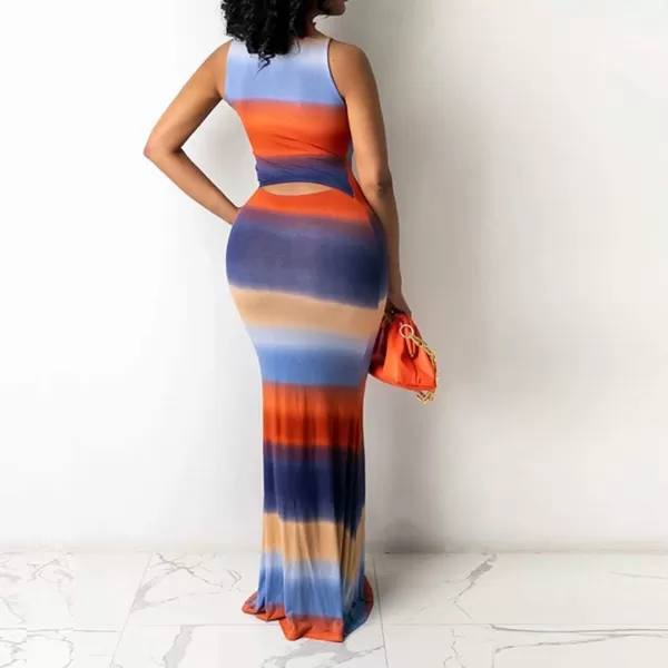 IyMoo Womens Neck Hollow Out Print Party Beach Evening Long Maxi Dress014 Orange