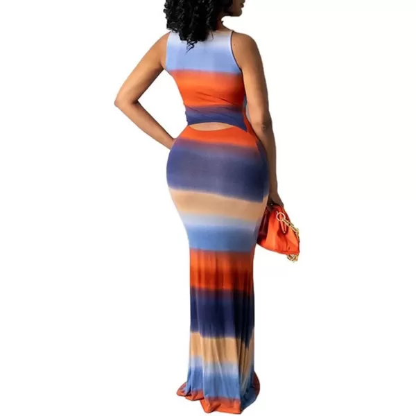 IyMoo Womens Neck Hollow Out Print Party Beach Evening Long Maxi Dress014 Orange