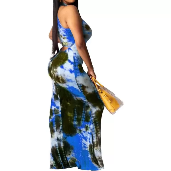 IyMoo Womens Neck Hollow Out Print Party Beach Evening Long Maxi Dress018 Blue