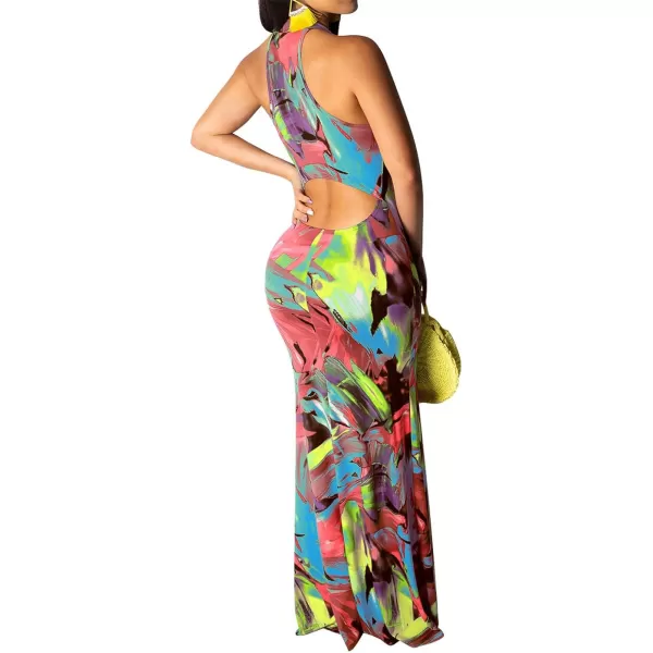 IyMoo Womens Neck Hollow Out Print Party Beach Evening Long Maxi Dress1019blue