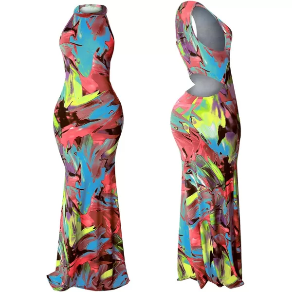 IyMoo Womens Neck Hollow Out Print Party Beach Evening Long Maxi Dress1019blue