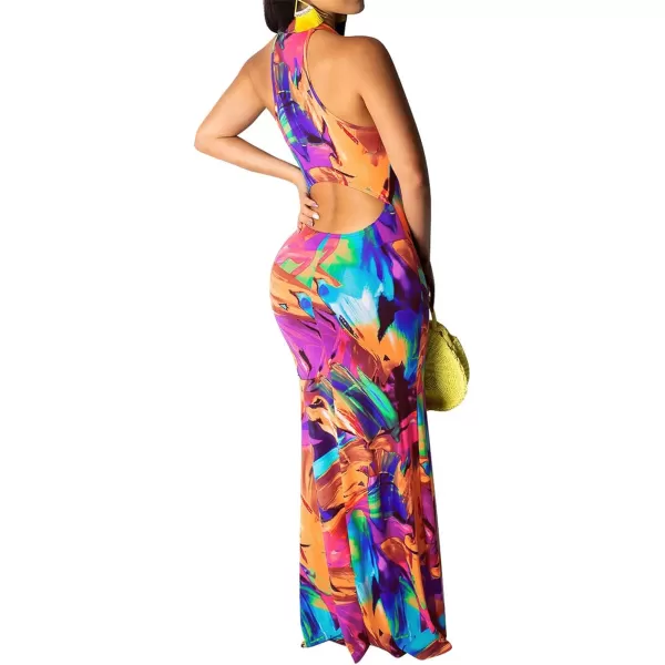 IyMoo Womens Neck Hollow Out Print Party Beach Evening Long Maxi Dress1019orange