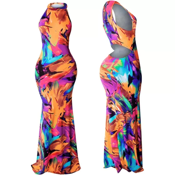 IyMoo Womens Neck Hollow Out Print Party Beach Evening Long Maxi Dress1019orange