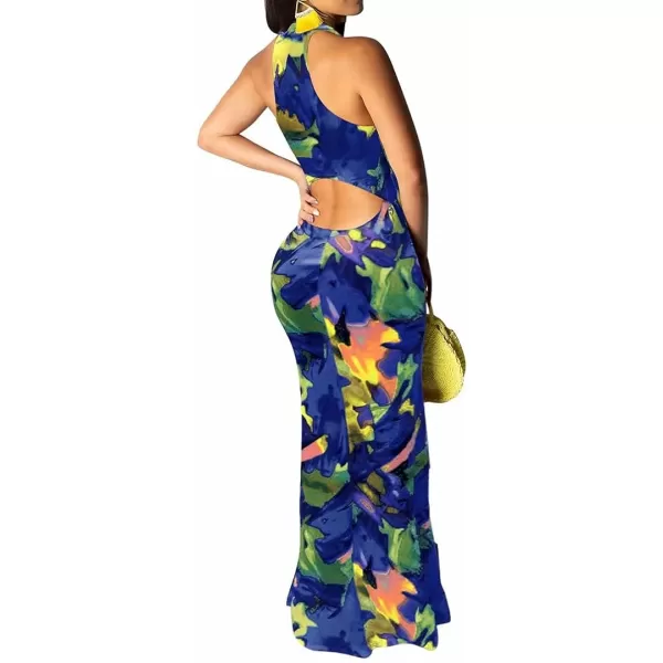 IyMoo Womens Neck Hollow Out Print Party Beach Evening Long Maxi Dress19s Dark Blue