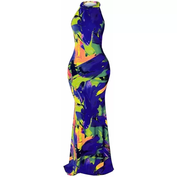 IyMoo Womens Neck Hollow Out Print Party Beach Evening Long Maxi Dress19s Dark Blue