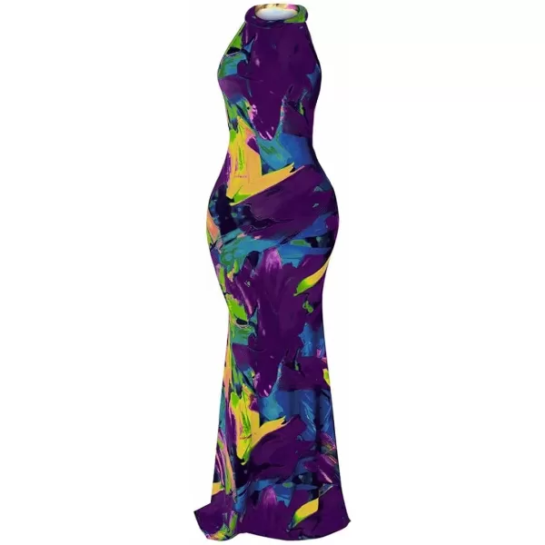 IyMoo Womens Neck Hollow Out Print Party Beach Evening Long Maxi Dress19s Dark Purple