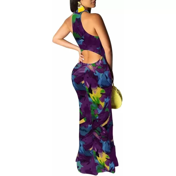 IyMoo Womens Neck Hollow Out Print Party Beach Evening Long Maxi Dress19s Dark Purple