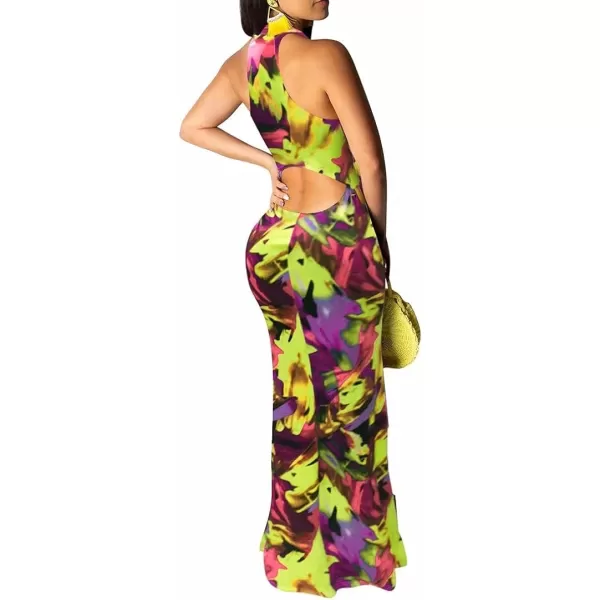 IyMoo Womens Neck Hollow Out Print Party Beach Evening Long Maxi Dress19s Light Green