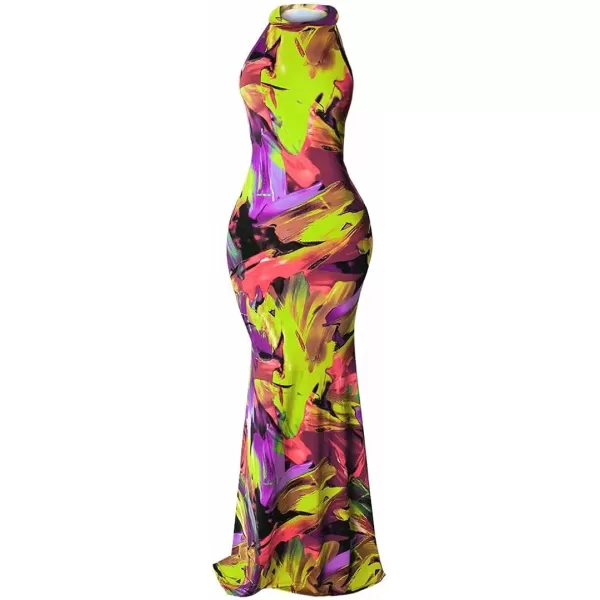 IyMoo Womens Neck Hollow Out Print Party Beach Evening Long Maxi Dress19s Light Green