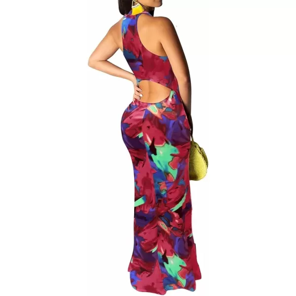 IyMoo Womens Neck Hollow Out Print Party Beach Evening Long Maxi Dress19s Red