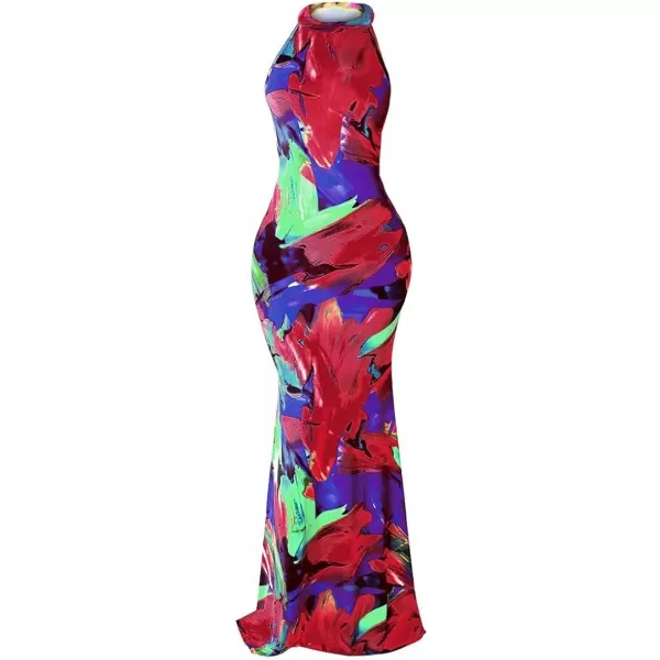 IyMoo Womens Neck Hollow Out Print Party Beach Evening Long Maxi Dress19s Red