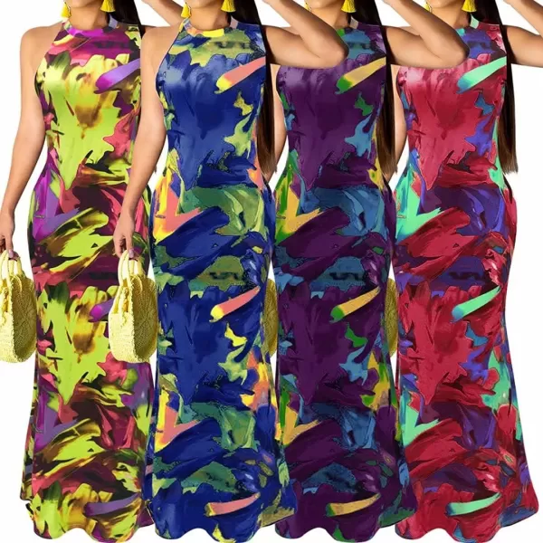 IyMoo Womens Neck Hollow Out Print Party Beach Evening Long Maxi Dress19s Red