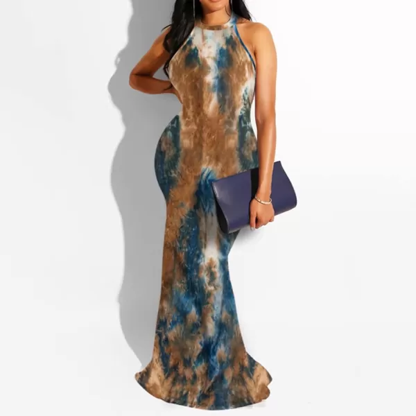 IyMoo Womens Neck Hollow Out Print Party Beach Evening Long Maxi Dress412 Coffee