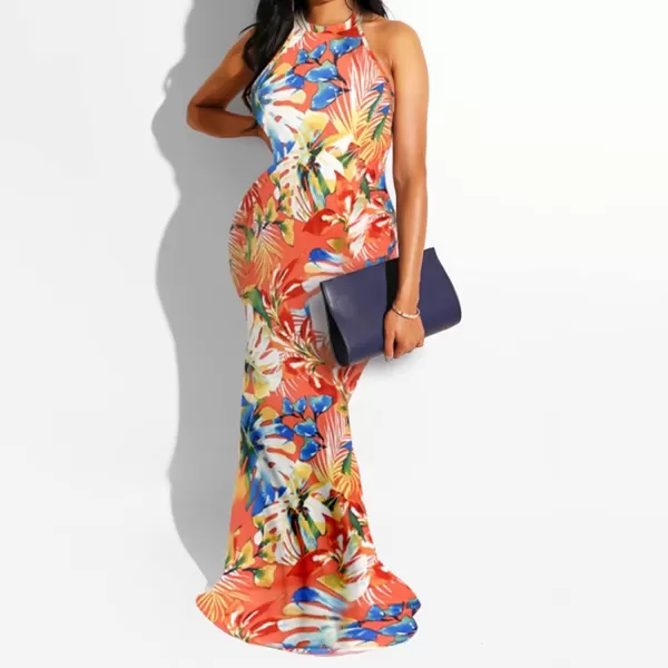 IyMoo Womens Neck Hollow Out Print Party Beach Evening Long Maxi Dress412 Leaf Red