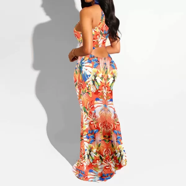 IyMoo Womens Neck Hollow Out Print Party Beach Evening Long Maxi Dress412 Leaf Red