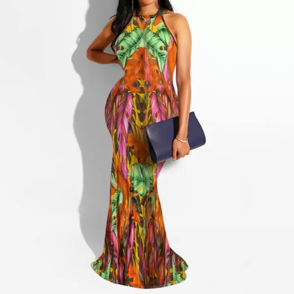IyMoo Womens Neck Hollow Out Print Party Beach Evening Long Maxi Dress412 Leaf Yellow