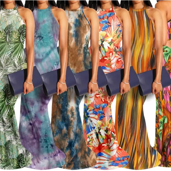 IyMoo Womens Neck Hollow Out Print Party Beach Evening Long Maxi Dress412 Leaf Yellow