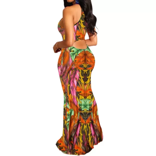 IyMoo Womens Neck Hollow Out Print Party Beach Evening Long Maxi Dress412 Leaf Yellow