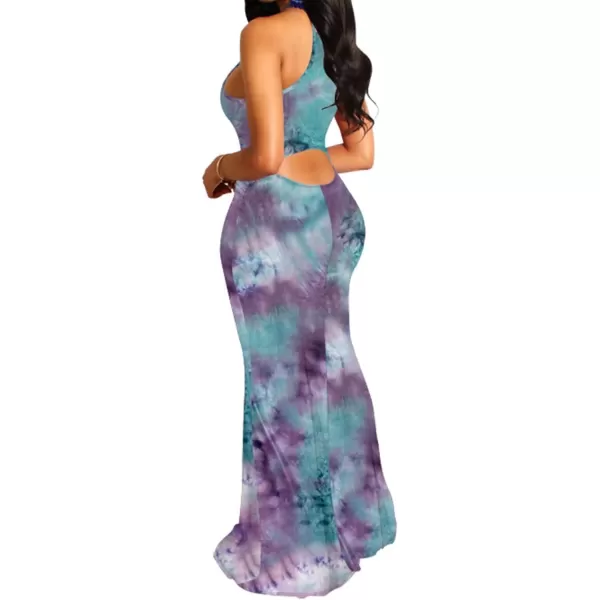 IyMoo Womens Neck Hollow Out Print Party Beach Evening Long Maxi Dress412 Purple Blue