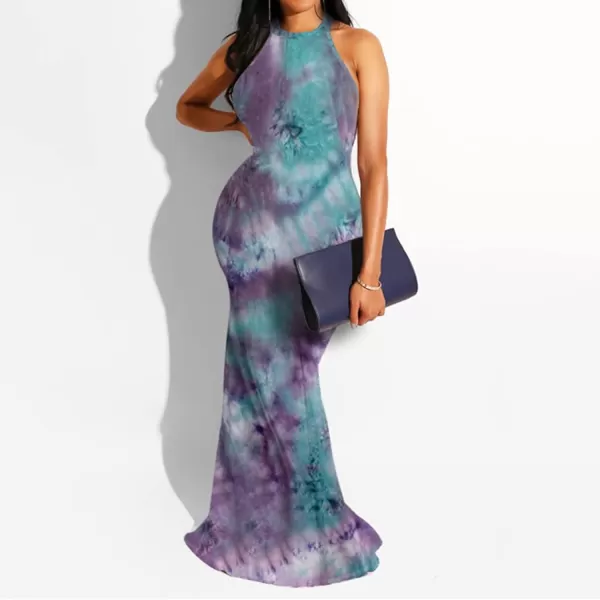IyMoo Womens Neck Hollow Out Print Party Beach Evening Long Maxi Dress412 Purple Blue