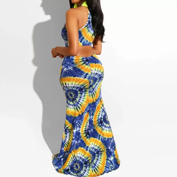 IyMoo Womens Neck Hollow Out Print Party Beach Evening Long Maxi DressBlue