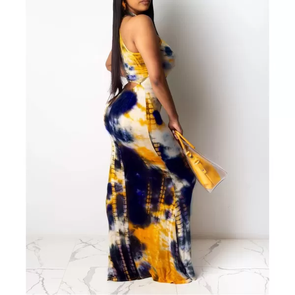 IyMoo Womens Neck Hollow Out Print Party Beach Evening Long Maxi DressDark Blue
