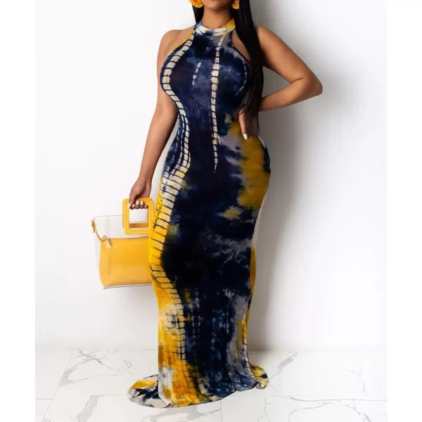 IyMoo Womens Neck Hollow Out Print Party Beach Evening Long Maxi DressDark Blue