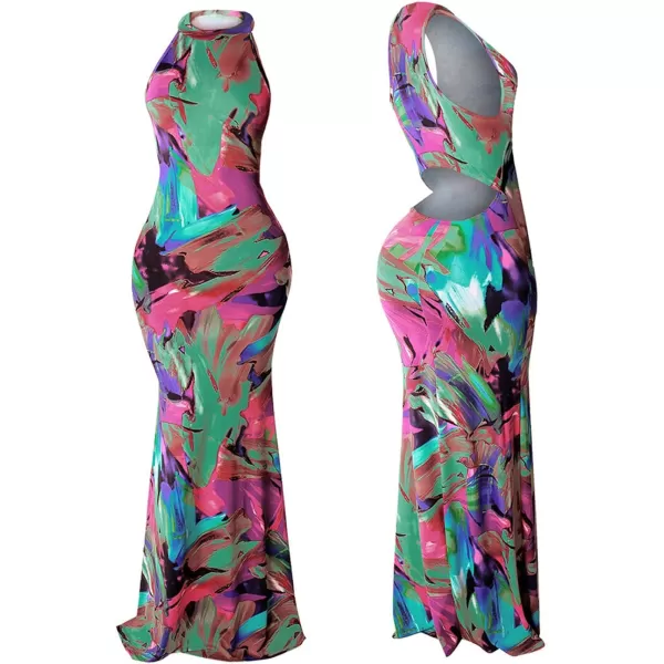 IyMoo Womens Neck Hollow Out Print Party Beach Evening Long Maxi DressGreen