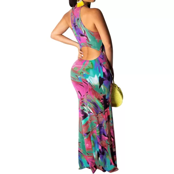 IyMoo Womens Neck Hollow Out Print Party Beach Evening Long Maxi DressGreen