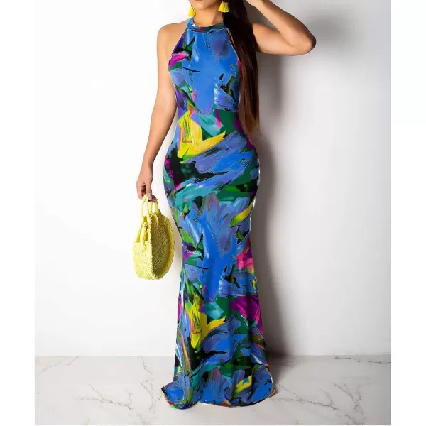 IyMoo Womens Neck Hollow Out Print Party Beach Evening Long Maxi DressL0139blue