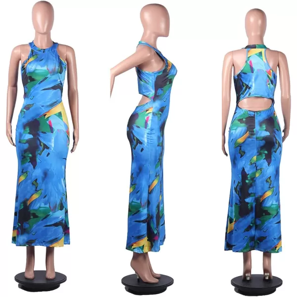 IyMoo Womens Neck Hollow Out Print Party Beach Evening Long Maxi DressL0139blue