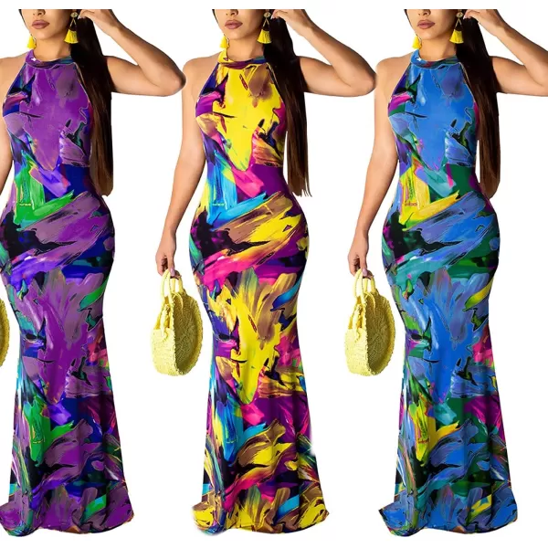 IyMoo Womens Neck Hollow Out Print Party Beach Evening Long Maxi DressL0139blue