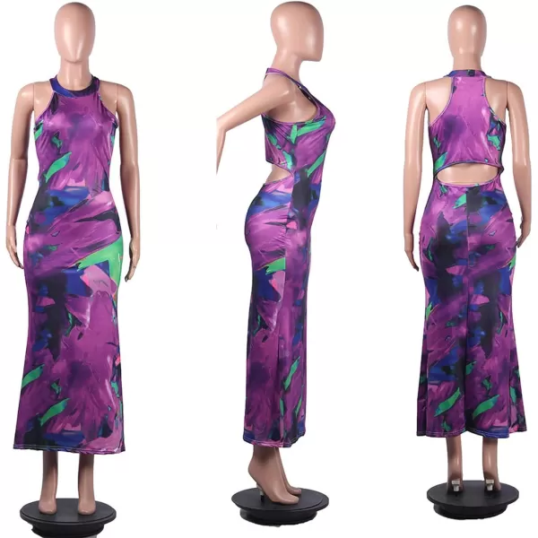 IyMoo Womens Neck Hollow Out Print Party Beach Evening Long Maxi DressL0139purple