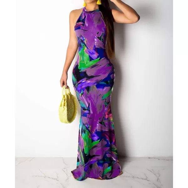 IyMoo Womens Neck Hollow Out Print Party Beach Evening Long Maxi DressL0139purple