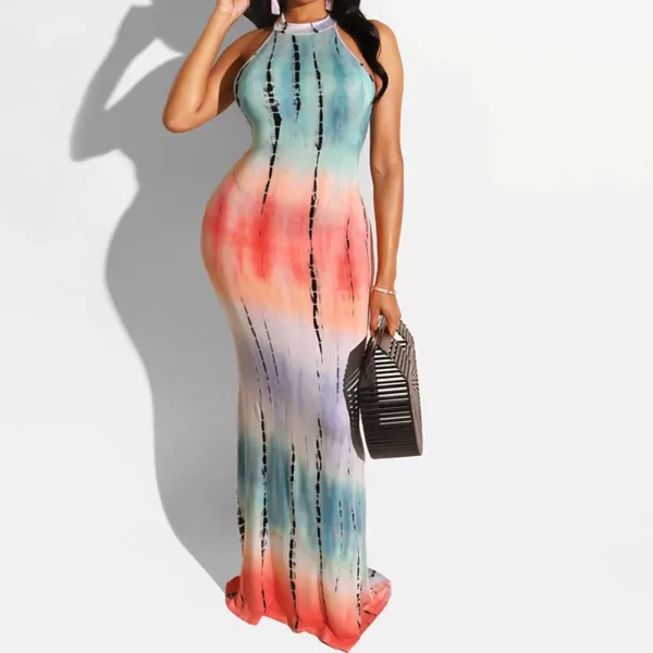 IyMoo Womens Neck Hollow Out Print Party Beach Evening Long Maxi DressLight Blue