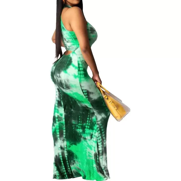 IyMoo Womens Neck Hollow Out Print Party Beach Evening Long Maxi DressLight Green