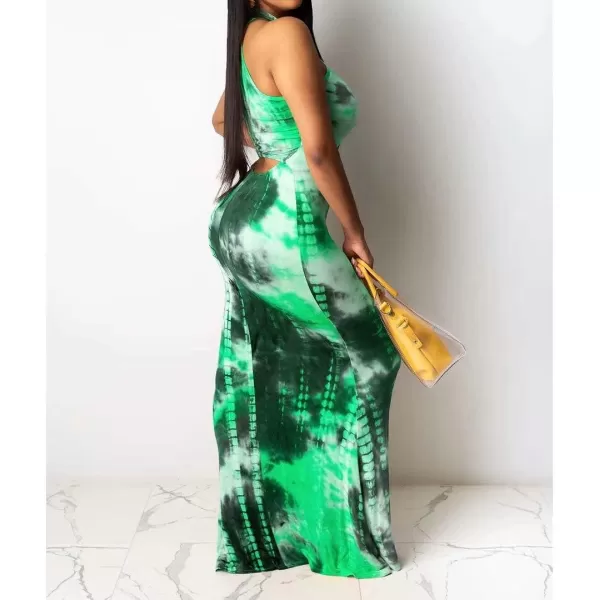 IyMoo Womens Neck Hollow Out Print Party Beach Evening Long Maxi DressLight Green