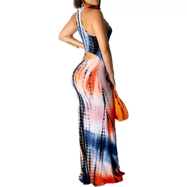 IyMoo Womens Neck Hollow Out Print Party Beach Evening Long Maxi DressNavy Blue
