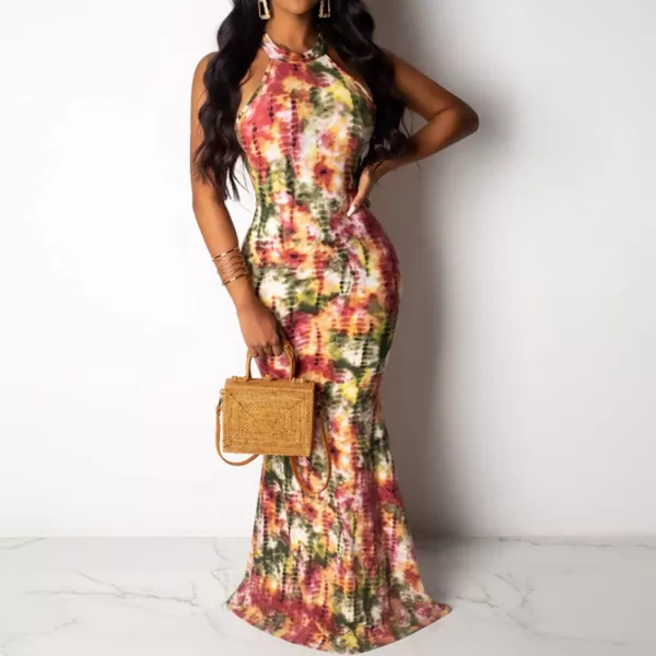 IyMoo Womens Neck Hollow Out Print Party Beach Evening Long Maxi DressOrange