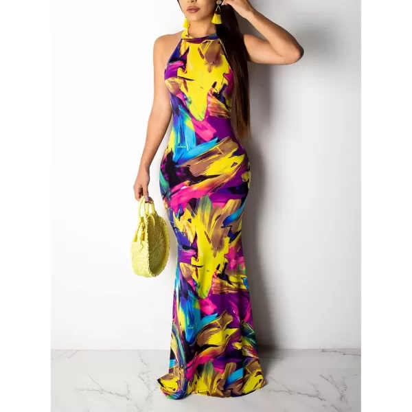 IyMoo Womens Neck Hollow Out Print Party Beach Evening Long Maxi DressRainbow